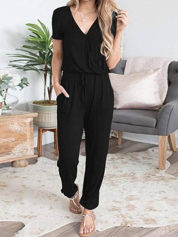 Women's Plain Wrap V Neck Pocket Drawstring Jumpsuit, Casual Solid Tee Jumpsuit for Summer, Fashion Ladies' Clothes for Daily Wear