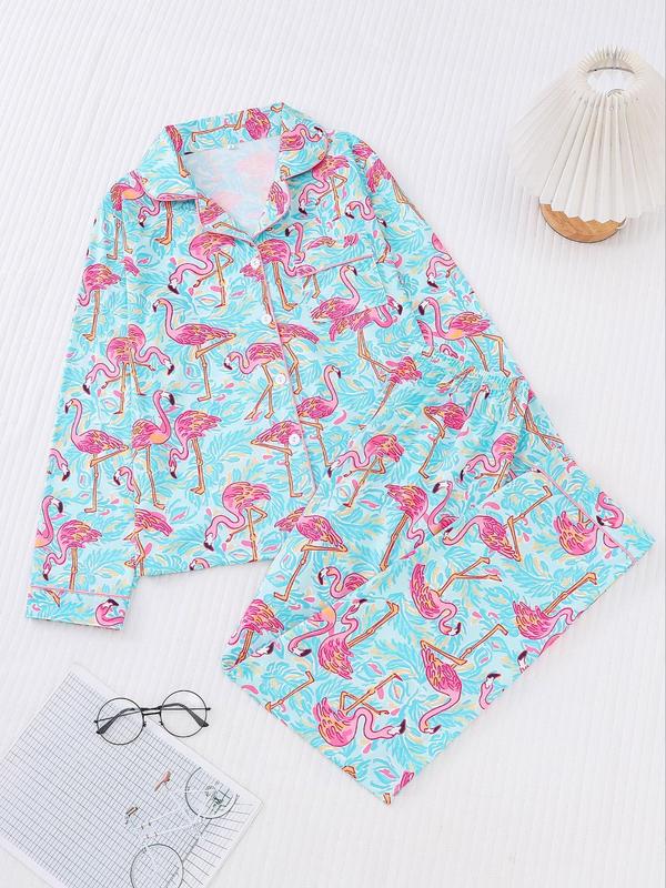 Womenswear All Over Flamingo Print Button Front Blouse & Pants Pyjama Two-piece Set, Homewear Comfy Lapel Collar Long Sleeve Top & Elastic Waist Trousers Pj Set, Pajama Sets Women, Women's Sleepwear for Spring & Fall, Fall Wear, Fallfreshness