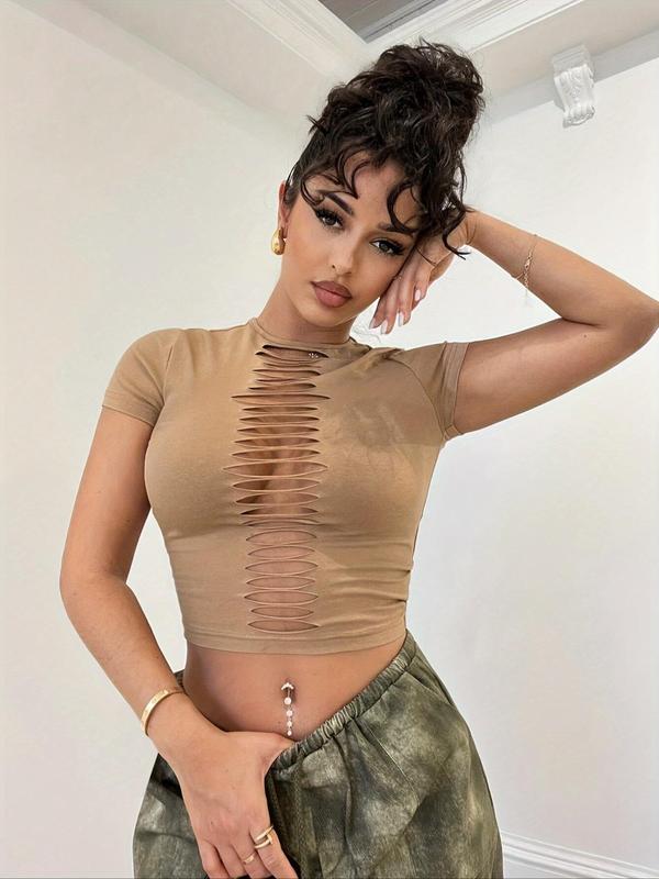 Women's Solid Ripped Round Neck Crop Tee, Streetwear 2000s Y2K Tight-fitting Short Sleeve T-shirt, Casual Summer Top for Daily Wear Downtown Girl Clothes