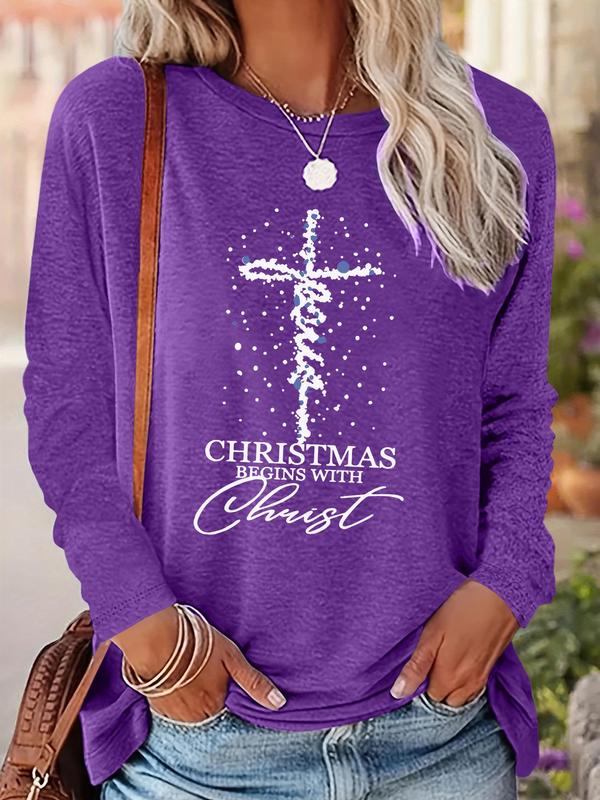 Women's Christmas Cross & Letter Print Drop Shoulder T-shirt, Casual Long Sleeve Round Neck Pullover for Daily Wear, Ladies Fall & Winter Clothes