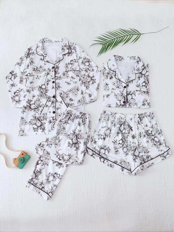 4 Counts Women's Floral Print Contrast Binding Pyjamas Set, Casual Pocket Shirt & Elastic Waist Pants & Lapel Neck Shirt & Shorts, Pajama Sets Women, Comfy Loungewear Summer Sets for Daily Wear, Summer Wear 2024