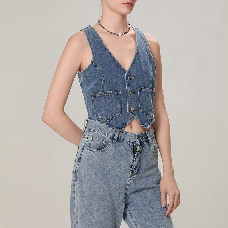 Women's Denim Vest Sleeveless V-Neck Button Vest with Pockets Denim T-Shirt Suitable for Casual Street Wear Womenswear Check