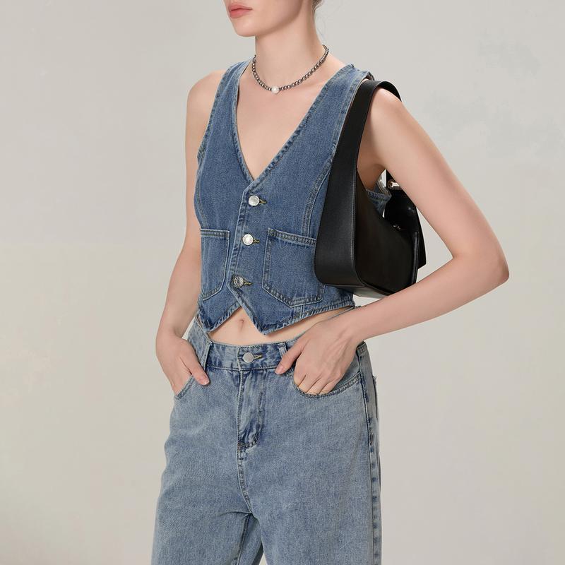 Women's Denim Vest Sleeveless V-Neck Button Vest with Pockets Denim T-Shirt Suitable for Casual Street Wear Womenswear Check