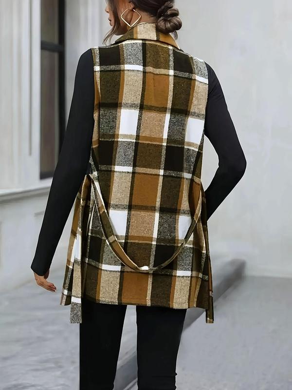  Plaid Print Button Belted Vest Coat, Casual Lapel Sleeveless Outerwear for Fall & Winter, Women's Clothes for Daily Wear