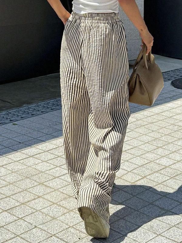 Women's Striped Print Drawstring Waist Wide Leg Pants, Casual Pocket Trousers for Daily Wear, Ladies Bottoms for All Seasons