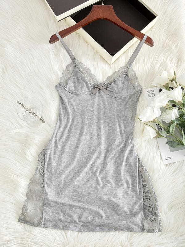 Women's Contrast Lace Bow Decor Cami Nightdress, Casual Soft Comfortable Sleep Dress, Spaghetti Strap Nightgown for All Seasons, Ladies Sleepwear for Daily Wear