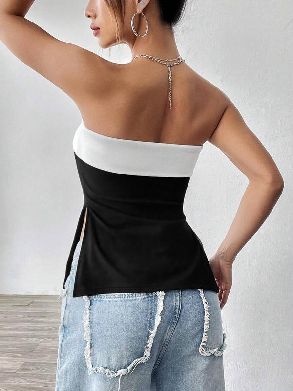 Women's Colorblock Backless Split Side Tube Top, Casual Strapless Top for Summer,  Women's Clothing for Daily Wear