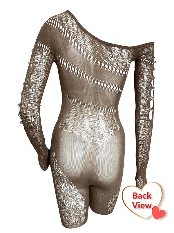 Plus Size Contrast Lace Sheer Shapewear Romper, Chic Asymmetrical Neck Long Sleeve Shapewear Romper, Fashion Comfy Women's Shapewear for All Seasons