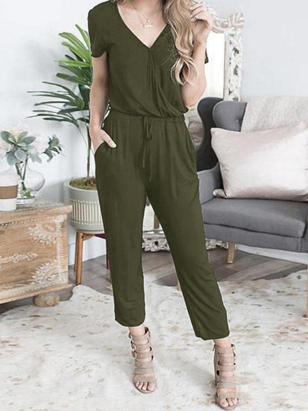 Women's Plain Wrap V Neck Pocket Drawstring Jumpsuit, Casual Solid Tee Jumpsuit for Summer, Fashion Ladies' Clothes for Daily Wear