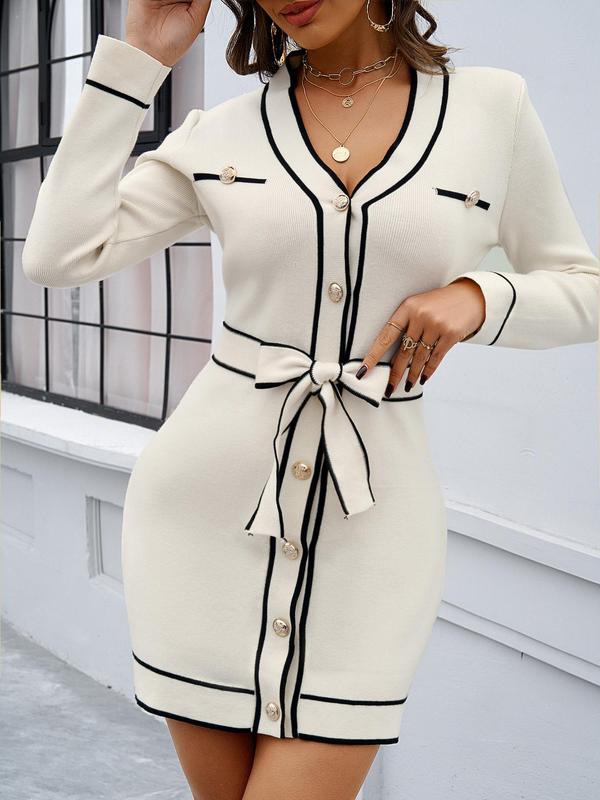 Women's Contrast Binding Fake Pocket Short Dress with Waist Belt Design, Casual Wear, Elegant Dresses 2024, Elegant Long Sleeve V Neck A Line Dress for Spring & Fall, Dresses for Women, Ladies Clothes for Work Office Business