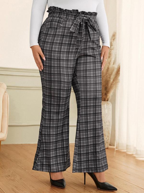 CURVZY Plus Size Plaid Print Belted Flare Leg Pants, Casual Pocket Bell Bottom Trousers for Daily Wear, Women's Bottoms for All Seasons