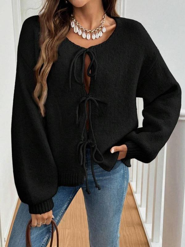 Women's Solid Color Tie Front Drop Shoulder Cardigan, Casual Long Sleeve Knitwear for Fall & Winter, Fashion Women's Knit Clothing for Daily Wear