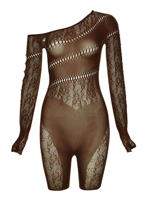 Plus Size Contrast Lace Sheer Shapewear Romper, Chic Asymmetrical Neck Long Sleeve Shapewear Romper, Fashion Comfy Women's Shapewear for All Seasons