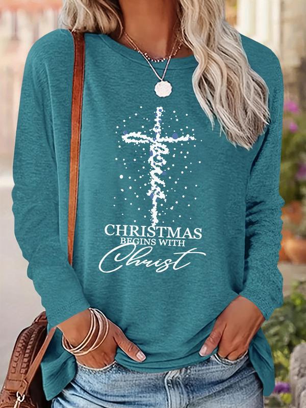 Women's Christmas Cross & Letter Print Drop Shoulder T-shirt, Casual Long Sleeve Round Neck Pullover for Daily Wear, Ladies Fall & Winter Clothes