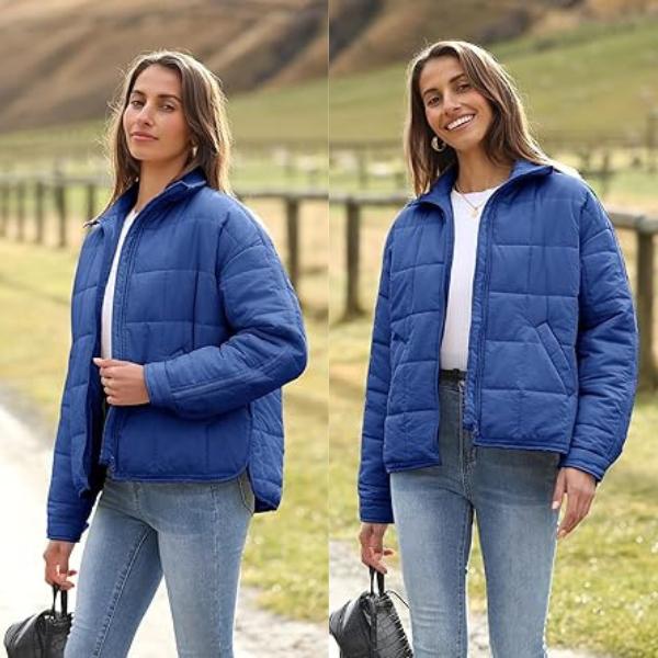 SCUSTY Women's Quilted Puffer Jacket Long Sleeve Zip Up Oversized Lightweight Padded Down Coat Outerwear