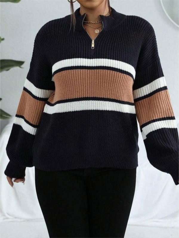  Colorblock Striped Print Zip Up Mock Neck Sweater, Fall Sweaters for Women, Casual Drop Shoulder Long Sleeve Jumper for Fall & Winter, Sweaters for Women, Women's Plus Clothing for Daily Wear