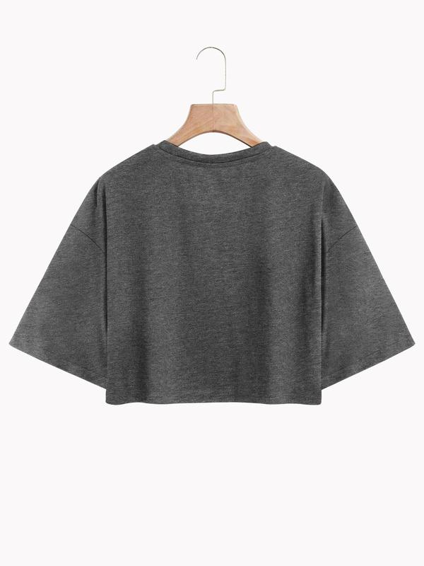 Women's Plain  Branch Print Drop Shoulder  Crop Tee, Casual Half Sleeve Round Neck T-shirt for Summer, Ladies Clothes for Daily Wear