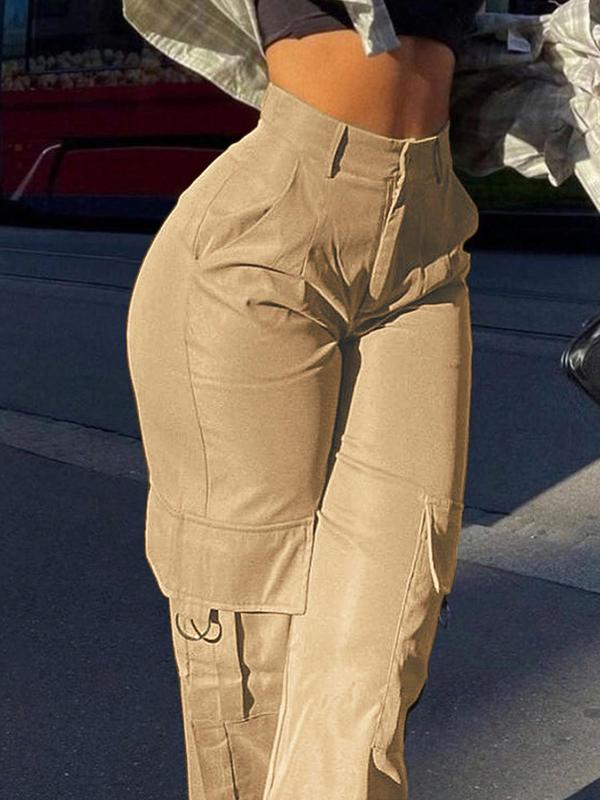 Women's Basic Minimalist Plain Button Front Pocket Cargo Pants, Fashion Y2K Clothes Women, Comfort Casual Street High Waist Wide Leg Trousers For Spring & Fall, Summer Pants, Ladies' Bottoms For Daily Wear, Womenswear, Preppy 80s Clothes