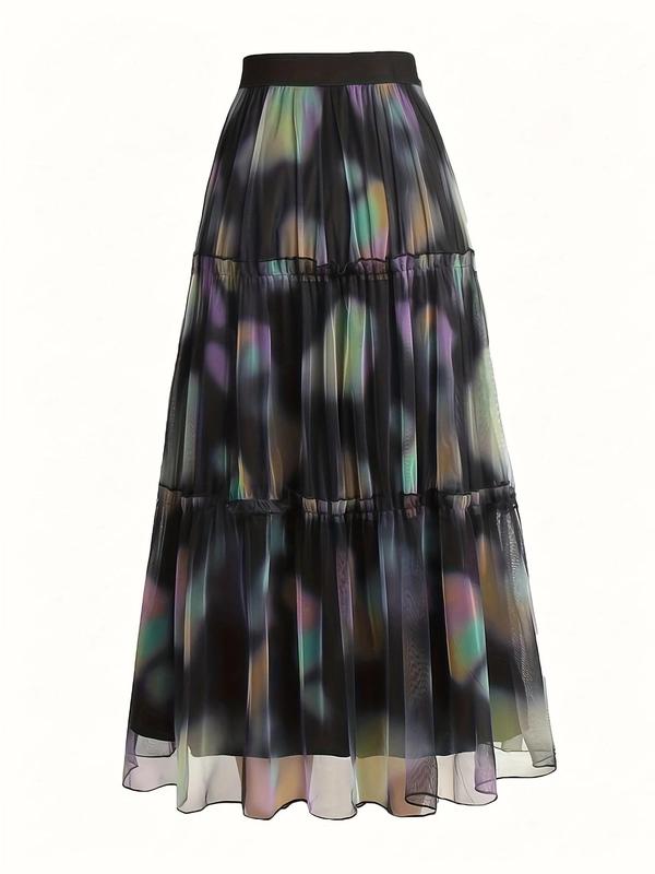 Women's All Over Print Contrast Mesh Frill Trim A Line Skirt, Elegant High Waist Long Skirt for Vacation Holiday Daily, Ladies Bottoms for All Seasons