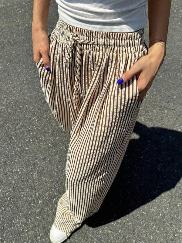 Women's Striped Print Drawstring Waist Wide Leg Pants, Casual Pocket Trousers for Daily Wear, Ladies Bottoms for All Seasons