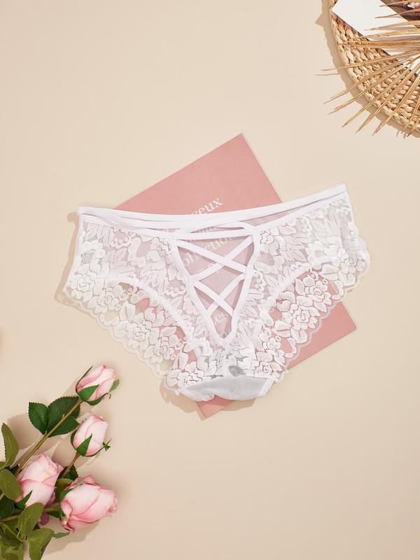  Floral Lace Criss Cross Panty, Soft Comfy Breathable Sheer Knicker for Daily Wear, Women's Underwear for All Seasons