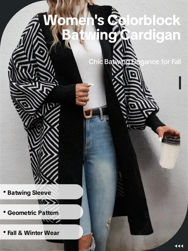 Women's Colorblock Geometric Print Batwing Sleeve Cardigan, Casual Long Sleeve Open Front Knitwear for Fall & Winter, Cardigan for Women, Fashion Women's Knit Clothing for Daily Wear, Fall Clothes