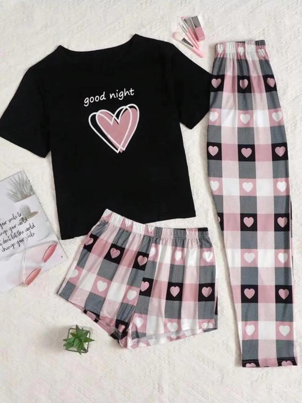 3 Piece Set Women's Heart Print Tee & Plaid Print Pants & Shorts Pajama Set, Pajama Sets Women, PJ Sets for Women, Comfort Short Sleeve T-shirt & Elastic Waist Shorts & Trousers Lounge Set, Summer Wear 2024, Summer Clothes Women 2 Piece Set