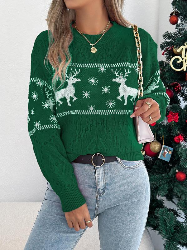 Women's Christmas Deer & Snowflake Print Drop Shoulder Sweater, Casual Long Sleeve Round Neck Jumper for Fall & Winter, Ladies' Knitwear for Daily Wear