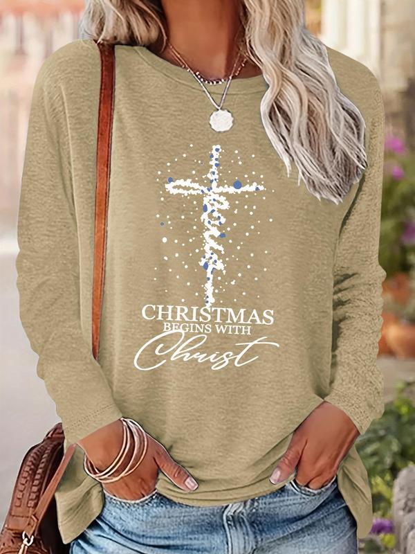 Women's Christmas Cross & Letter Print Drop Shoulder T-shirt, Casual Long Sleeve Round Neck Pullover for Daily Wear, Ladies Fall & Winter Clothes