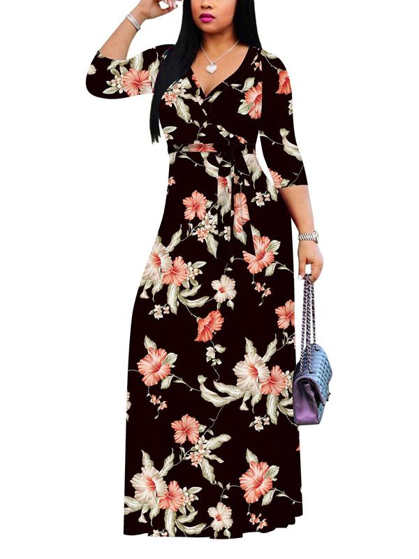 Women's Colorblock Floral Print 3 4 Sleeve A Line Dress with Belt, Casual V Neck Long Dress for Summer, Ladies Clothes for Daily Wear