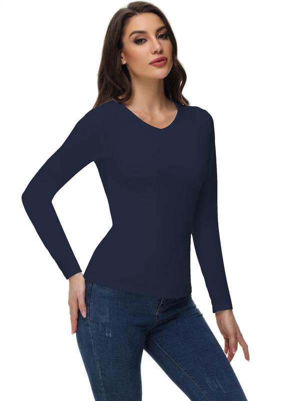 Women's Solid Long Sleeve Sports  Thermal Underwear Top, Casual Comfy V Neck Sports Top for Daily Wear, Ladies Sportswear for All Seasons