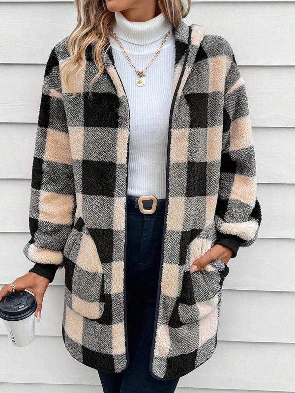 Women's Plaid Print Drop Shoulder Hooded Fleece Jacket, Casual Long Sleeve Pocket Outerwear for Fall & Winter, Ladies Clothes for Daily Wear