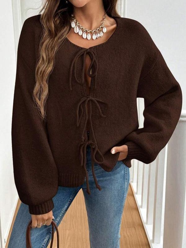 Women's Solid Color Tie Front Drop Shoulder Cardigan, Casual Long Sleeve Knitwear for Fall & Winter, Fashion Women's Knit Clothing for Daily Wear