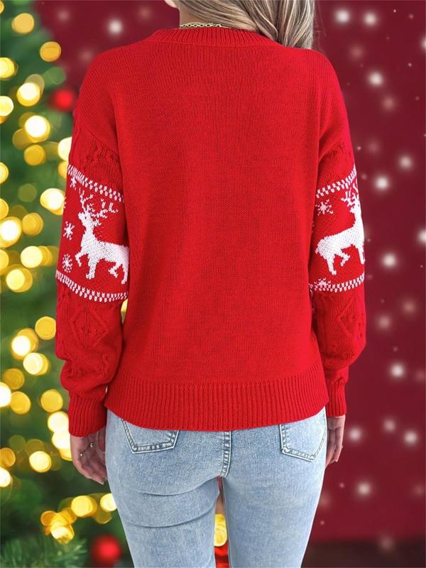 Women's Christmas Reindeer Print Drop Shoulder Sweater Pullover, Casual Long Sleeve Round Neck Jumper for Fall & Winter, Ladies' Knitwear for Daily Wear