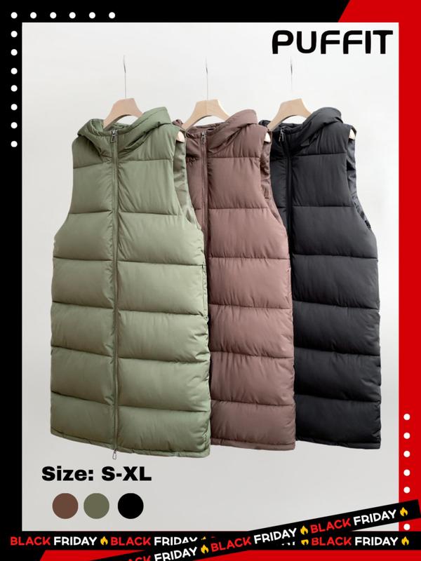 Women's Solid Pocket Zip Up Hooded Puffer Vest Coat Long Puffer Gilet, Winter Clothes Women, Casual Warm Sleeveless Waterproof Thermal Outerwear for Fall Winter Daily Wear