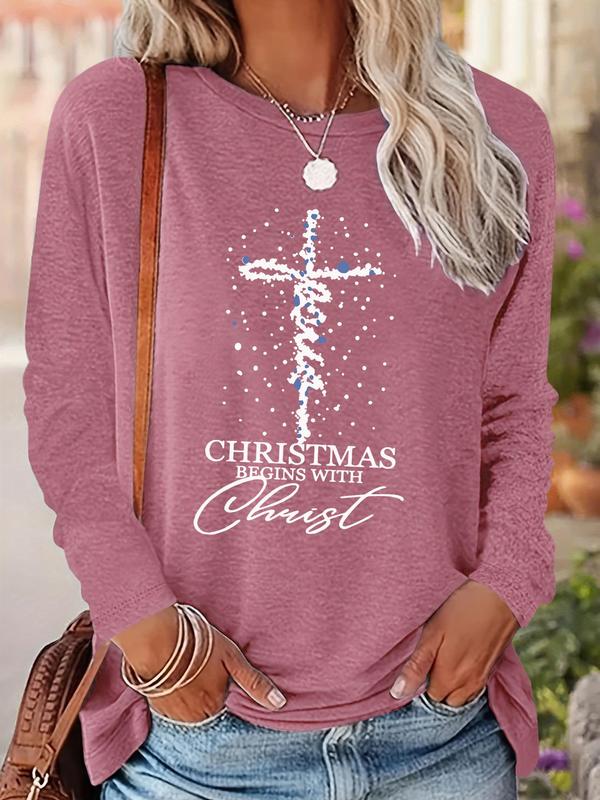 Women's Christmas Cross & Letter Print Drop Shoulder T-shirt, Casual Long Sleeve Round Neck Pullover for Daily Wear, Ladies Fall & Winter Clothes