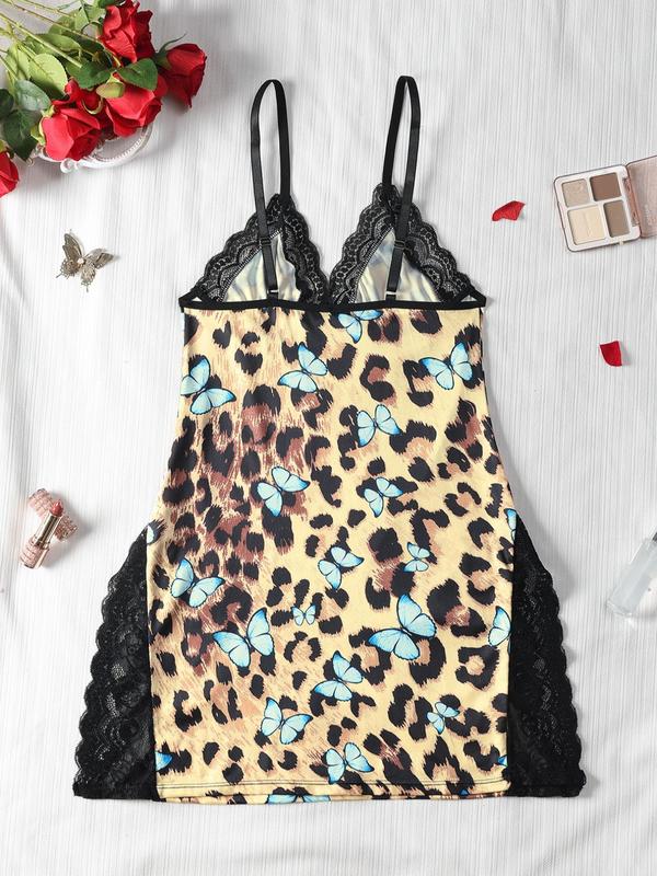 Women's Leopard Print Bow Decor Contrast Lace Cami Nightdress, Night Gown for Women, Adjustable Spaghetti Strap Nightgown, Soft Comfortable Sleepwear for Women