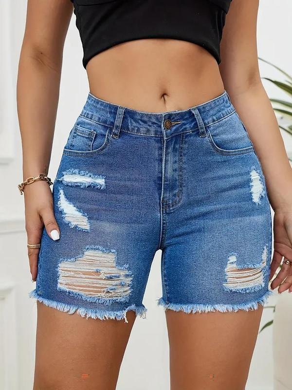 Women's Ripped Raw Hem High Waist Denim Shorts, Casual Pocket Button Fly Skinny Jean Shorts for Summer, Fashion Bottoms for Daily Wear