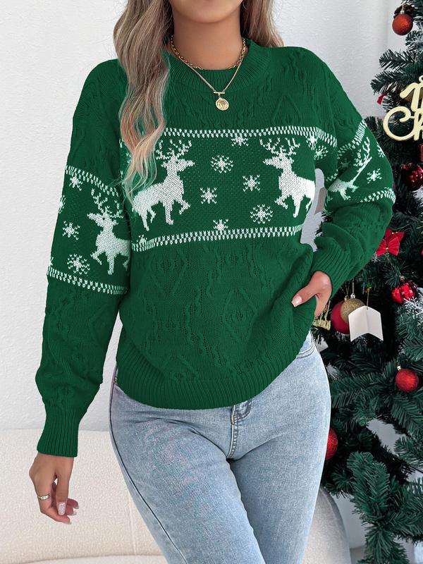 Women's Christmas Deer & Snowflake Print Drop Shoulder Sweater, Casual Long Sleeve Round Neck Jumper for Fall & Winter, Ladies' Knitwear for Daily Wear