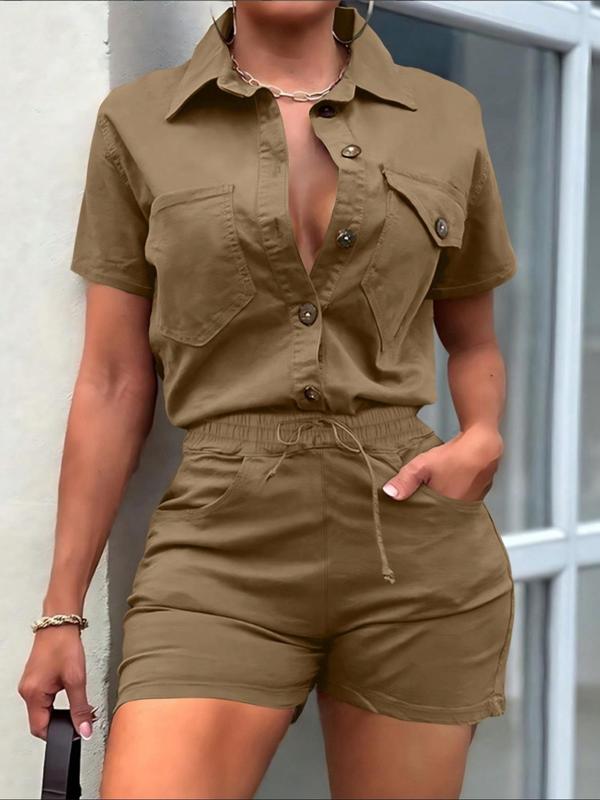 Women's Plain Drawstring Button Front Back To School Shirt Romper, Casual Short Sleeve Collared Elastic Waist Jumpsuit for Summer, Rompers for Women, Fashion Women's Jumpsuit for Daily Wear