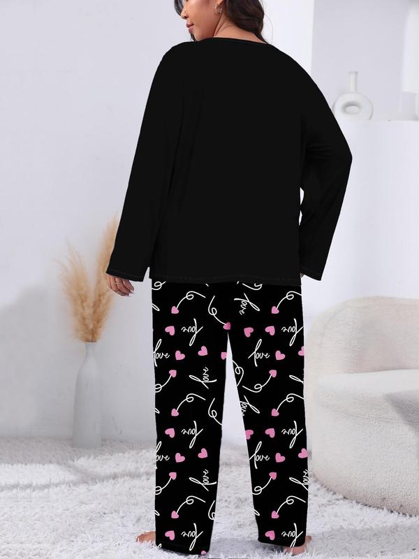 Plus Size Two-Piece Set Heart Print Tee & All Over Print Elastic Waist Pants Pyjama Set, Casual Soft Comfortable Long Sleeve Round Neck T-shirt & Trousers Loungewear Set, Women's Sleepwear for Spring & Fall