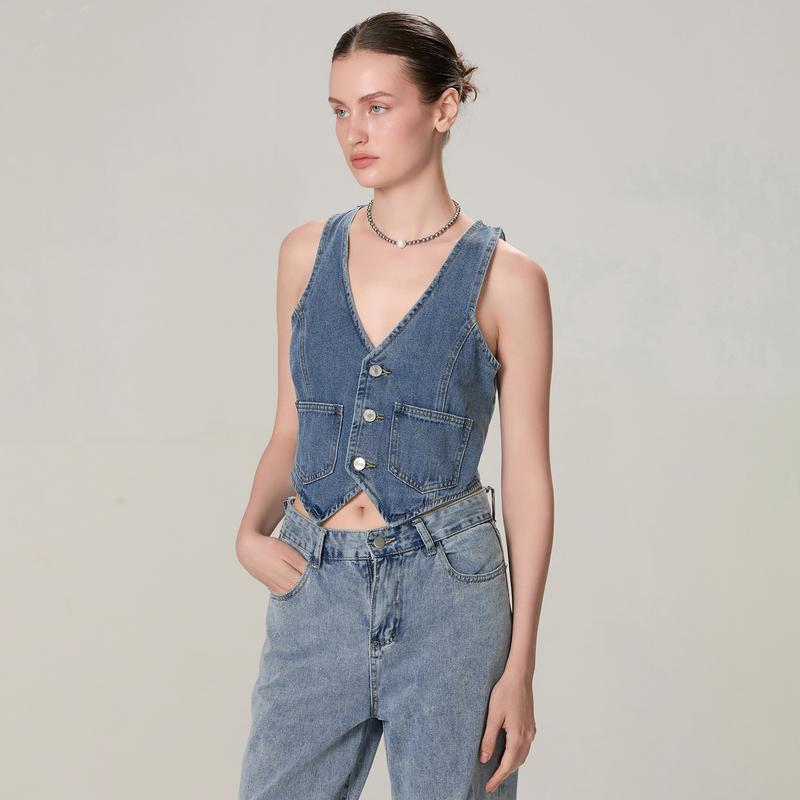 Women's Denim Vest Sleeveless V-Neck Button Vest with Pockets Denim T-Shirt Suitable for Casual Street Wear Womenswear Check