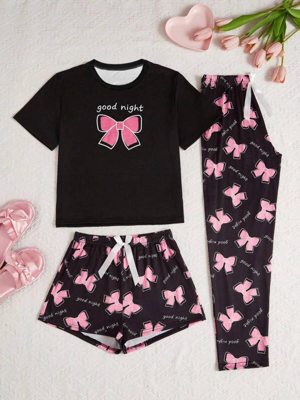 3 Piece Set Women's Heart Print Tee & Plaid Print Pants & Shorts Pajama Set, Pajama Sets Women, PJ Sets for Women, Comfort Short Sleeve T-shirt & Elastic Waist Shorts & Trousers Lounge Set, Summer Wear 2024, Summer Clothes Women 2 Piece Set