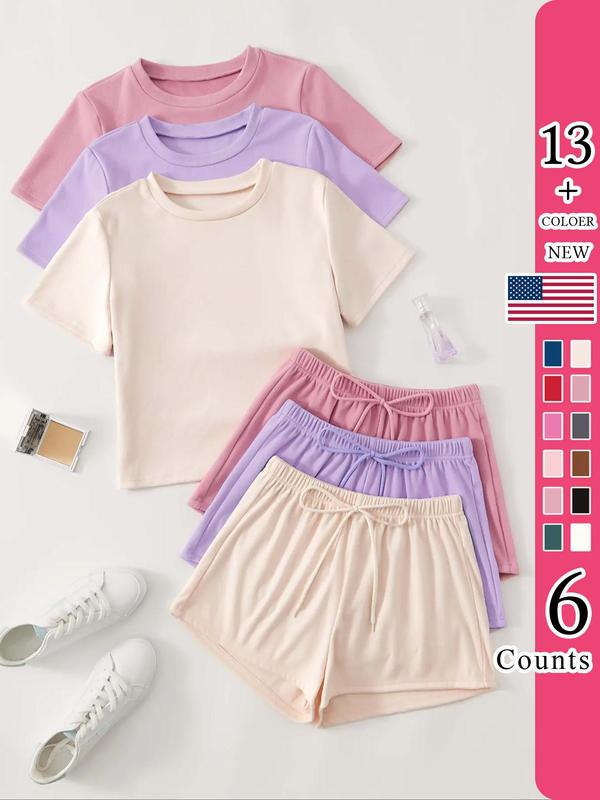 Women's Solid Round Neck Short Sleeve Tee & Bow Front Elastic Waist Shorts Loungewear, Halloween Summer Wear 2024, Soft Casual Comfy Pyjama Set for Summer, Summer Clothes, Back To School Gifts, Halloween Pajamas, Comfy Loungewear Set for Women, PJ Set