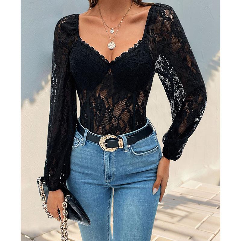 Women's Lace Long Sleeve V Neck Bodysuit