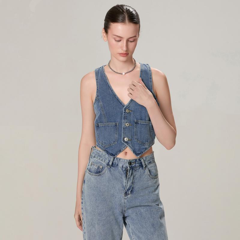 Women's Denim Vest Sleeveless V-Neck Button Vest with Pockets Denim T-Shirt Suitable for Casual Street Wear Womenswear Check