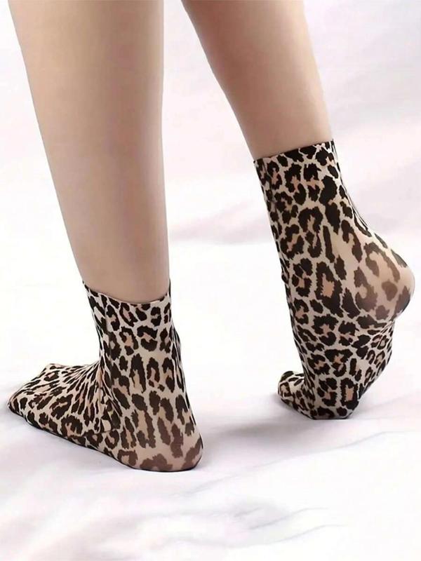 Women's Leopard Print Sheer Crew Socks, Casual Soft Comfy Breathable Mid-calf Socks  for Fall & Winter, Women's Socks for Daily Wear