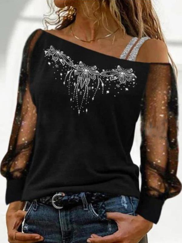 Women's Rhinestone Decor Contrast Mesh Sheer Tee, Elegant Fashion Casual Asymmetrical Neck Long Sleeve T-Shirt for Daily Outdoor Wear, Women Tops for Spring Fall