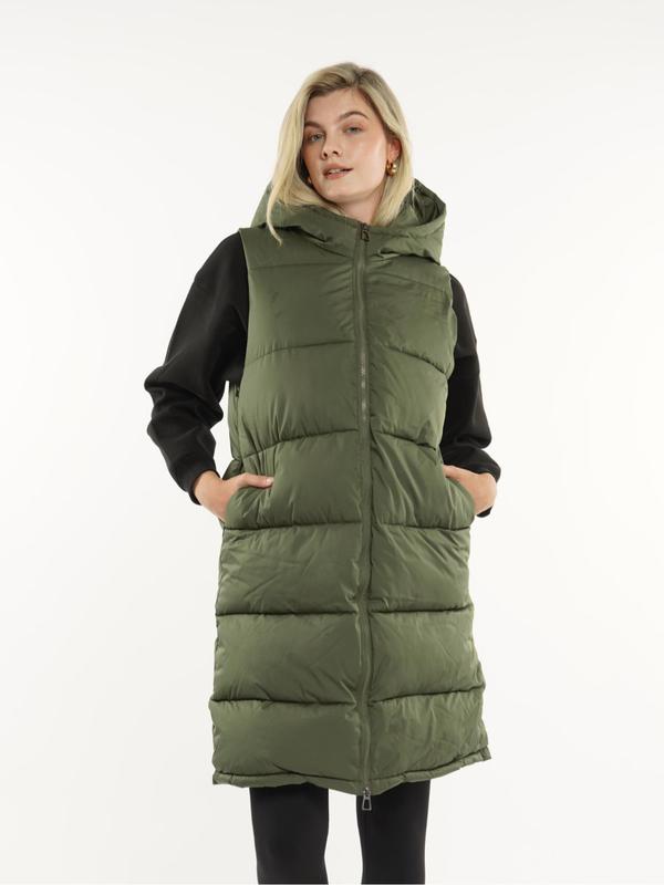 Women's Solid Pocket Zip Up Hooded Puffer Vest Coat Long Puffer Gilet, Winter Clothes Women, Casual Warm Sleeveless Waterproof Thermal Outerwear for Fall Winter Daily Wear