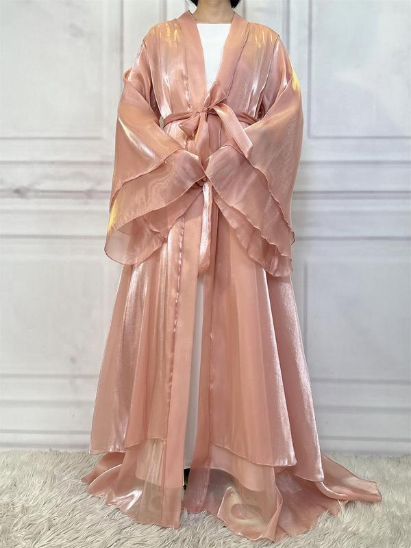 Women's Solid Color Belted Flounce Sleeve Satin Lounge Robe, Elegant Tiered Layer Long Sleeve Dressing Gown, Women Nightwear, Ladies Sleepwear for Spring & Fall, Fall Wear, Fallfreshness, Fall Clothing